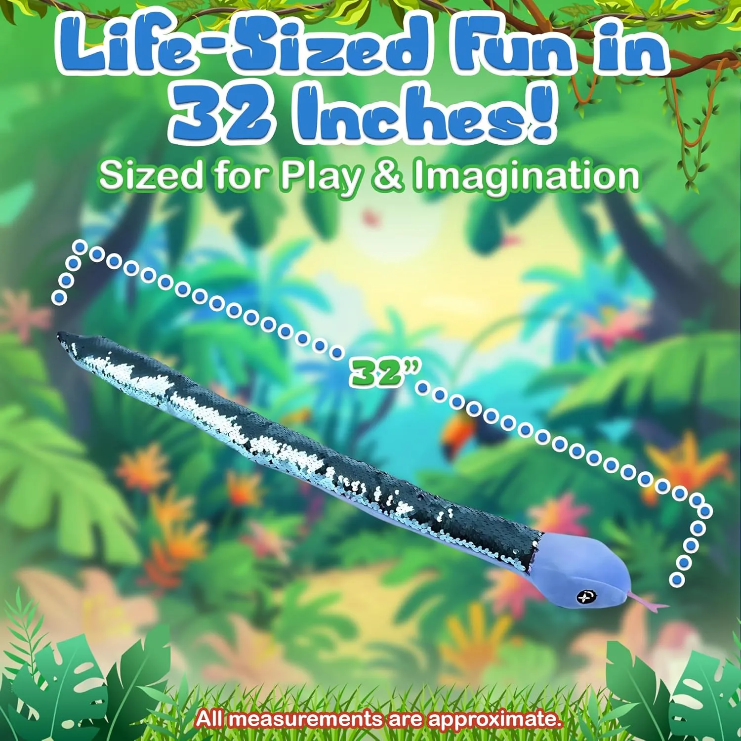 Forest & Twelfth 32” Reversible Sequin Stuffed Snake Toy Flip Sequin Plush Toys to Ignite Imaginations, Plush Jungle Animal Toys for Sensory Play, Ideal for Ages 3  (32" Blue/Blue)