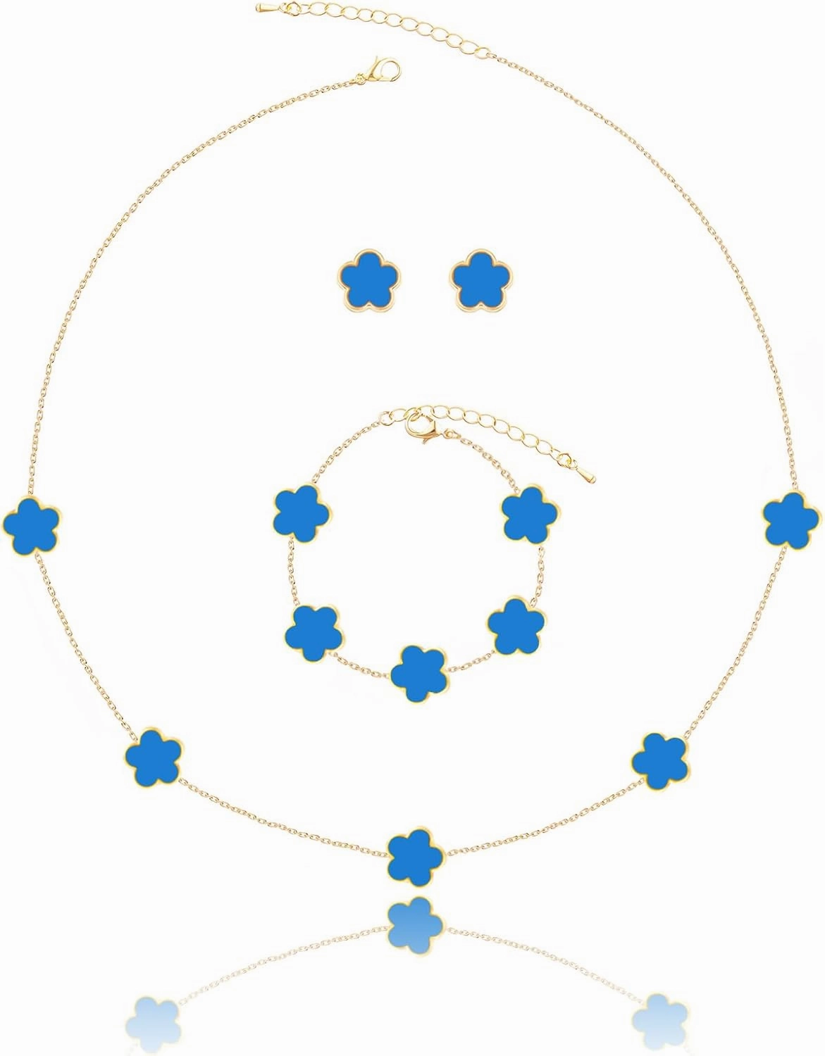 Four Leaf Clover Necklace Bracelet and Stud Earrings Set for Women Lucky Flower 14K Gold Jewelry