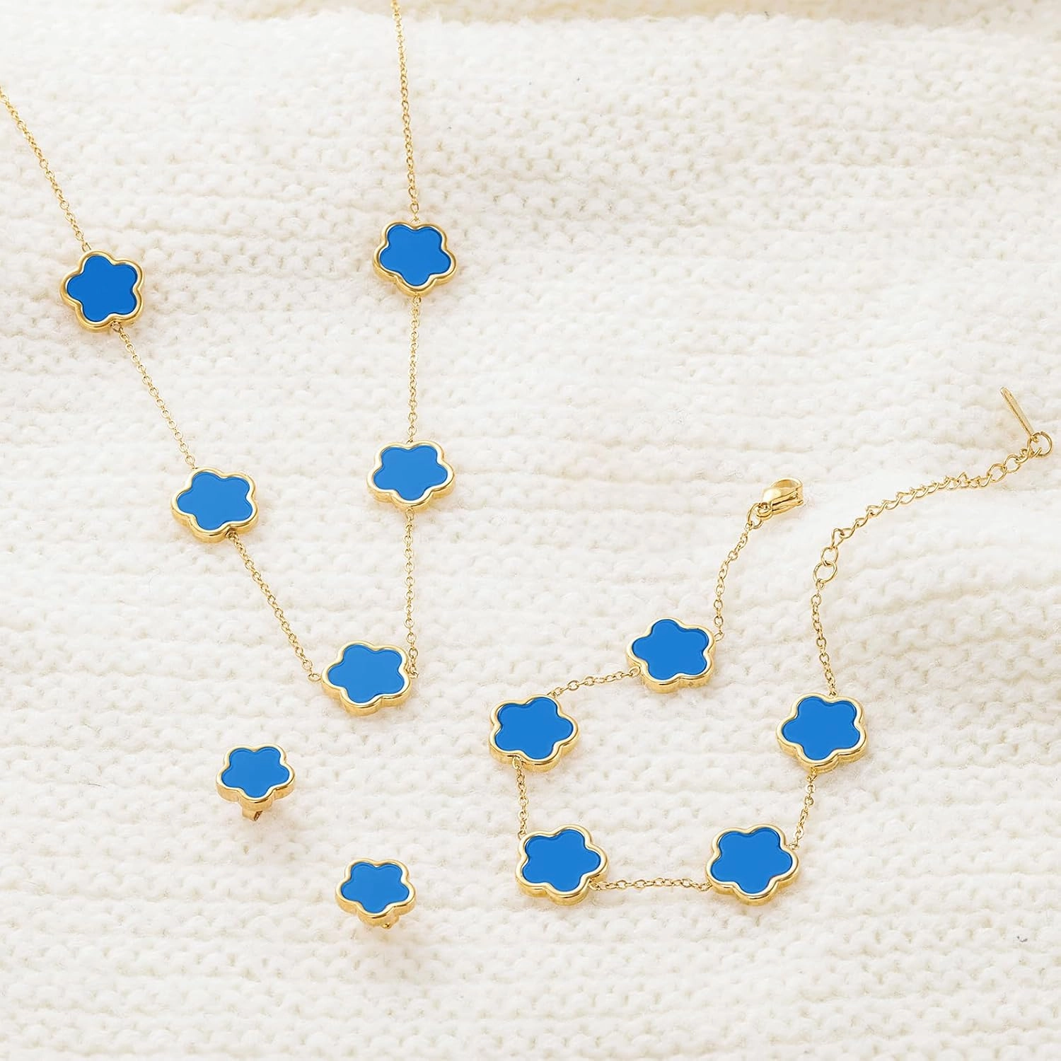 Four Leaf Clover Necklace Bracelet and Stud Earrings Set for Women Lucky Flower 14K Gold Jewelry