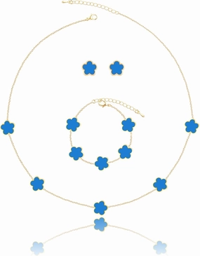 Four Leaf Clover Necklace Bracelet and Stud Earrings Set for Women Lucky Flower 14K Gold Jewelry