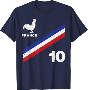 France Flag Rooster Number 10 Soccer Fan Men Women Kids Boys T-Shirt