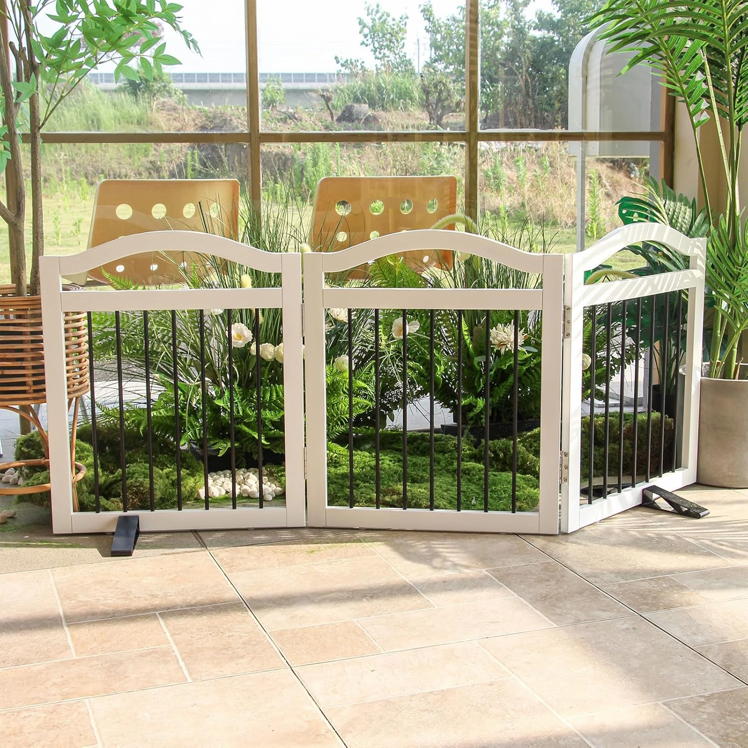 Freestanding Dog Gate Indoor Wooden Pet Gates for Doorways White Foldable Dog Fence for Stairs Puppy Gate for The House,Support Feet Included,Cedar,32" Height-3 Panels