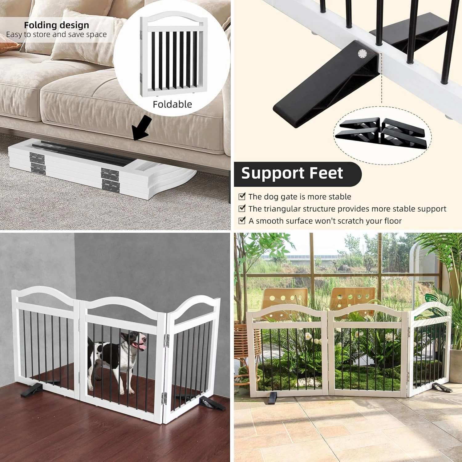 Freestanding Dog Gate Indoor Wooden Pet Gates for Doorways White Foldable Dog Fence for Stairs Puppy Gate for The House,Support Feet Included,Cedar,32" Height-3 Panels