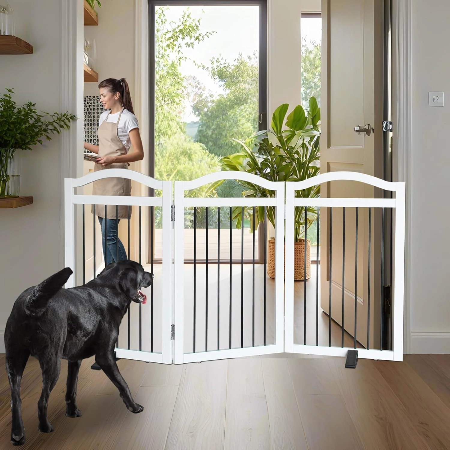 Freestanding Dog Gate Indoor Wooden Pet Gates for Doorways White Foldable Dog Fence for Stairs Puppy Gate for The House,Support Feet Included,Cedar,32" Height-3 Panels