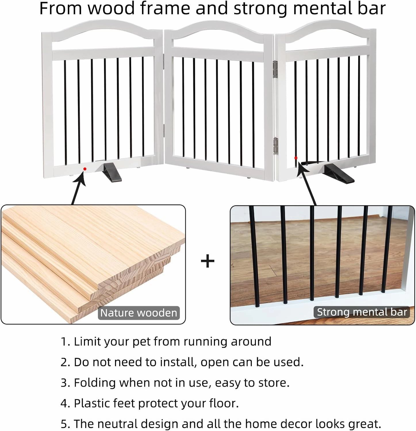 Freestanding Dog Gate Indoor Wooden Pet Gates for Doorways White Foldable Dog Fence for Stairs Puppy Gate for The House,Support Feet Included,Cedar,32" Height-3 Panels