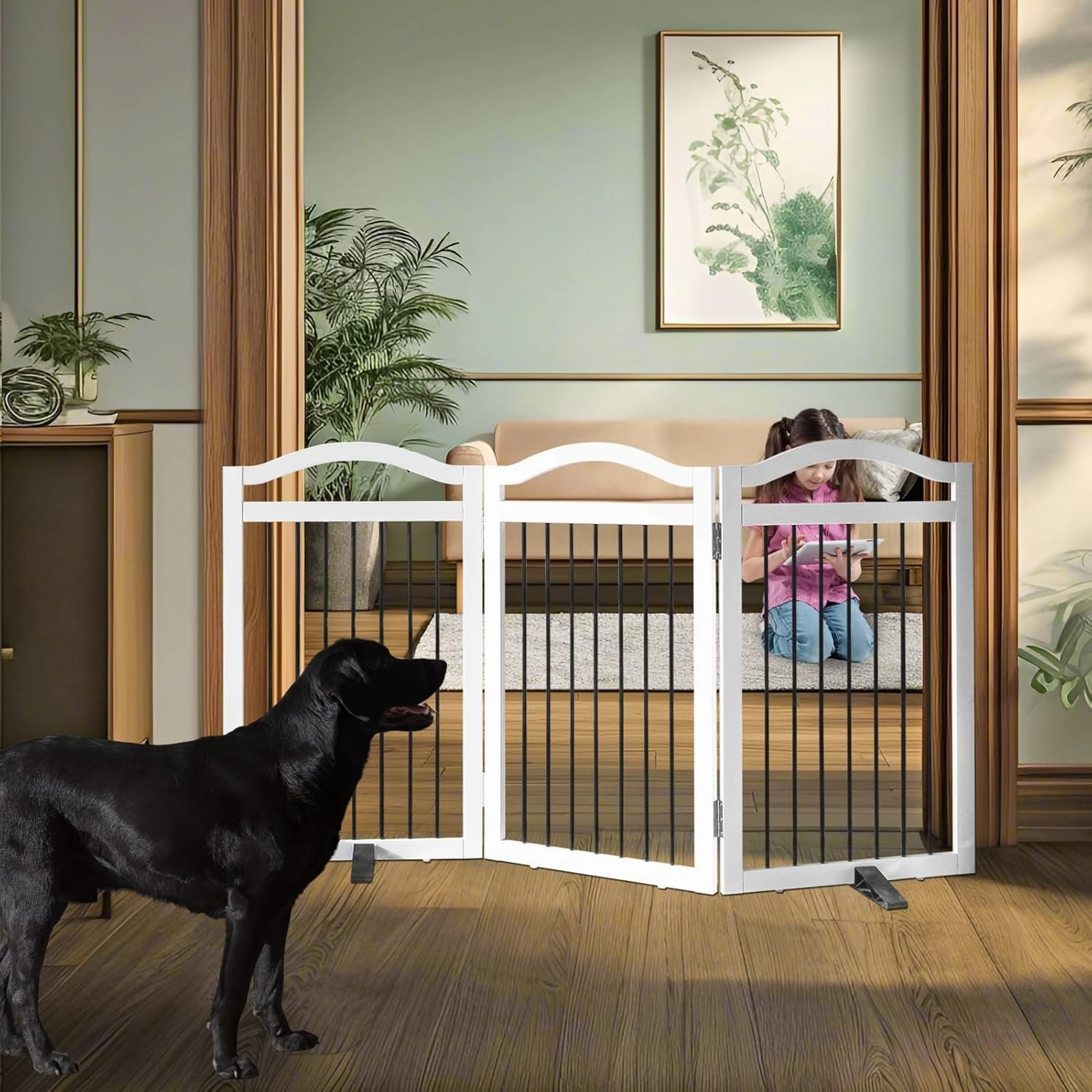 Freestanding Dog Gate Indoor Wooden Pet Gates for Doorways White Foldable Dog Fence for Stairs Puppy Gate for The House,Support Feet Included,Cedar,32" Height-3 Panels