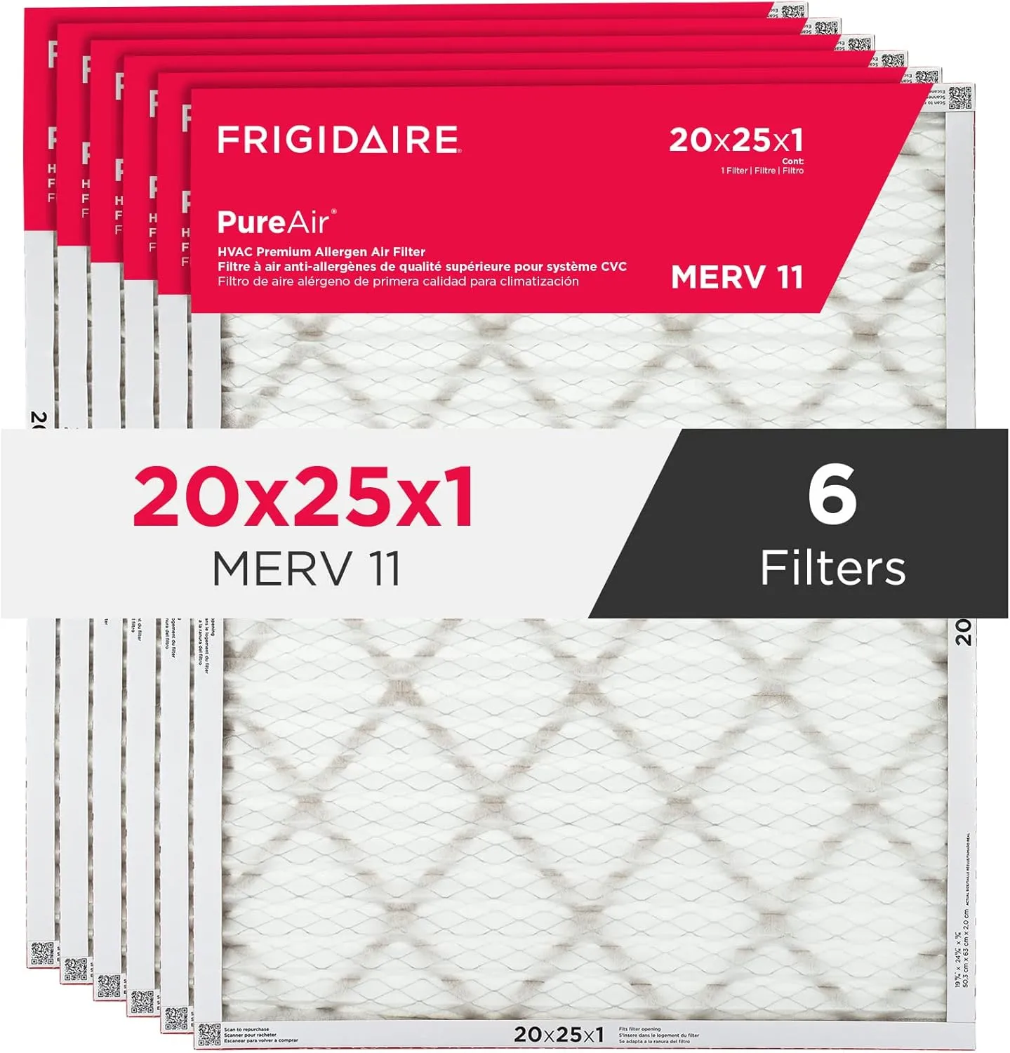 Frigidaire PureAir® 20x25x1 MERV 11 Prem Allergen Electrostatic Pleated Air Conditioner HVAC AC Furnace Filters - 6 Pack (exact dimensions 19.81 X 24.81 X 0.81)