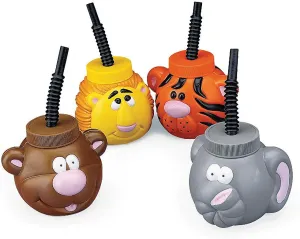 Fun Express Set of 12 Pieces Zoo Animal Cups with Straws, Holds 14 oz, BPA Free Plastic, Safari and Zoo Themed Party Supplies, Multi-Color - VBS Vacation Bible School Supplies/Décor