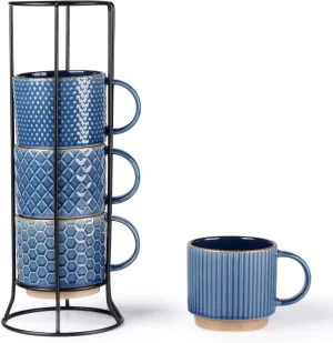 GBHOME 12OZ Stackable Coffee Mugs with Stand, Ceramic Coffee Mugs with Texture Patterns for Man,Woman,Dad,Mom, Modern Coffee Cups Set of 4 for Latte/Cappuccino/Cocoa. Dishwasher&Microwave Safe, Blue