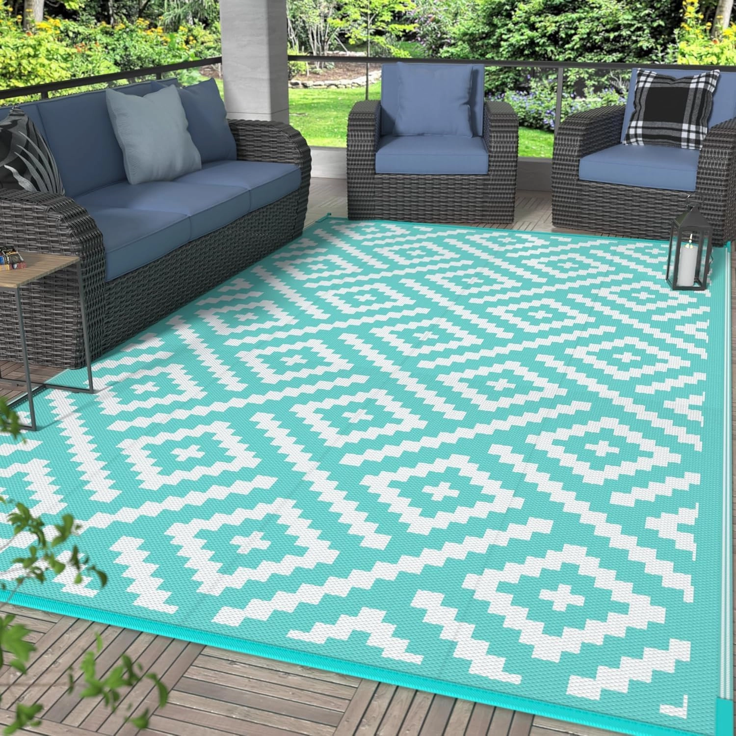 GENIMO Outdoor Rug for Patio Clearance, 6'x9' Waterproof Camping Mat, Reversible Plastic Straw Rugs for RV, Camper, Balcony, Backyard, Picnic, Deck (Aqua Blue & White)