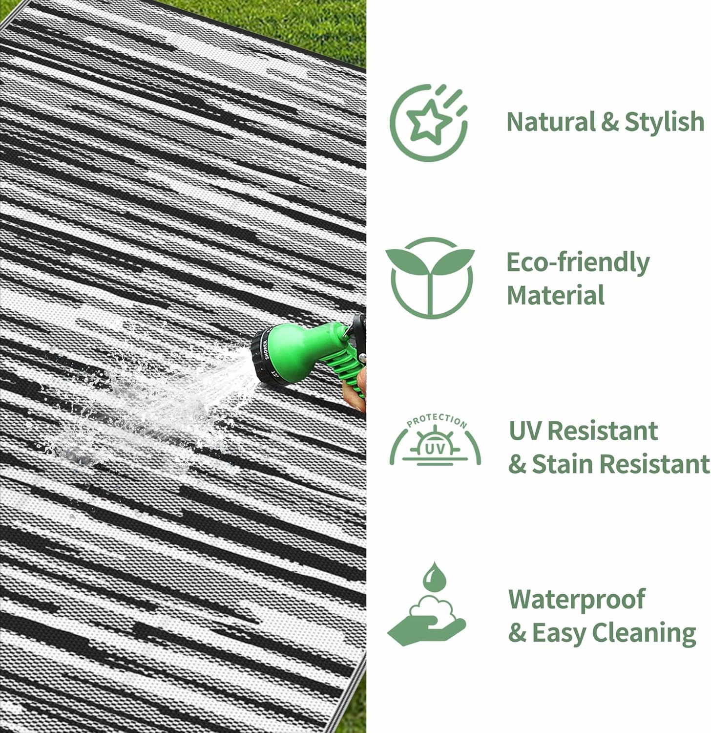 GENIMO Outdoor Rug for Patio Clearance, 8'x10' Waterproof Camping Mat, Reversible Plastic Straw Rugs for RV, Camper, Balcony, Backyard, Picnic, Deck (Black White)