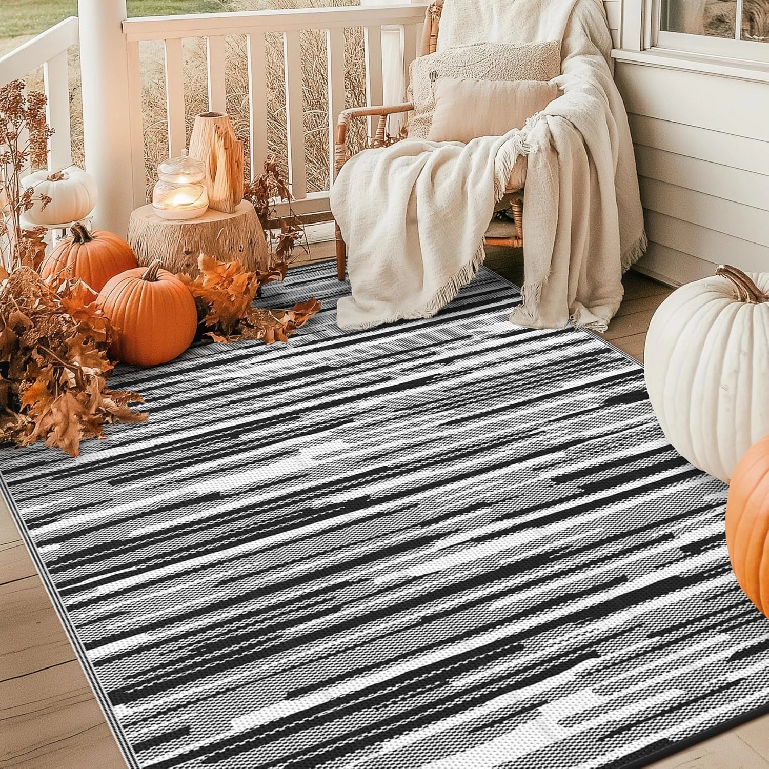 GENIMO Outdoor Rug for Patio Clearance, 8'x10' Waterproof Camping Mat, Reversible Plastic Straw Rugs for RV, Camper, Balcony, Backyard, Picnic, Deck (Black White)