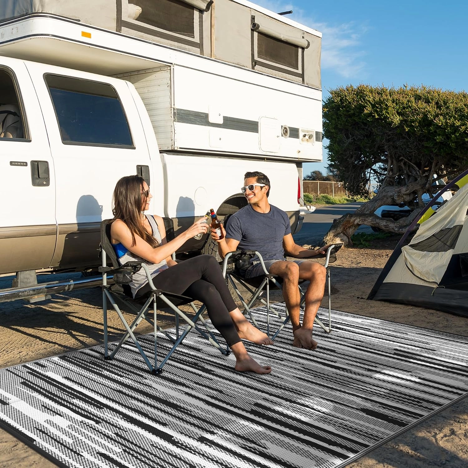 GENIMO Outdoor Rug for Patio Clearance, 8'x10' Waterproof Camping Mat, Reversible Plastic Straw Rugs for RV, Camper, Balcony, Backyard, Picnic, Deck (Black White)