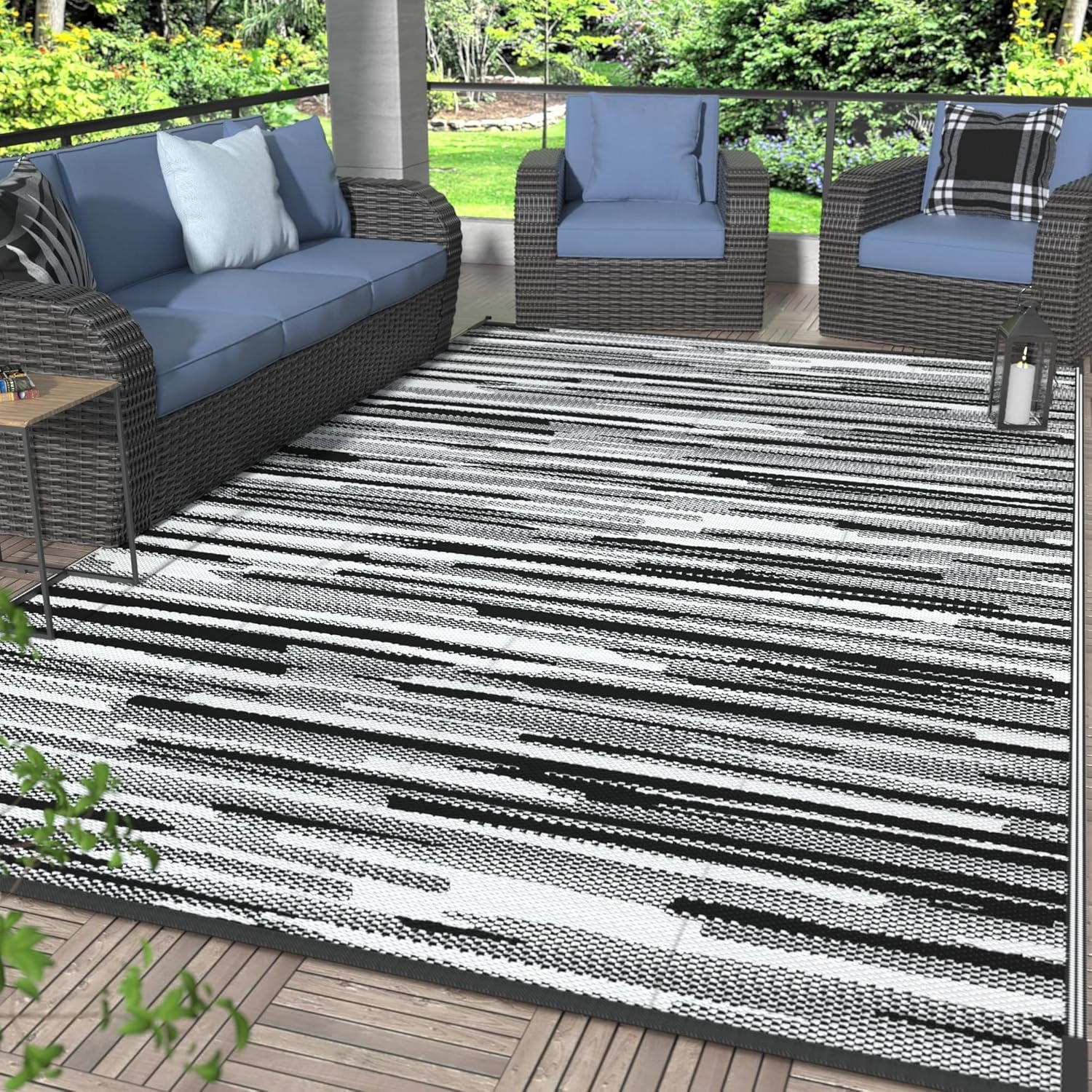 GENIMO Outdoor Rug for Patio Clearance, 8'x10' Waterproof Camping Mat, Reversible Plastic Straw Rugs for RV, Camper, Balcony, Backyard, Picnic, Deck (Black White)