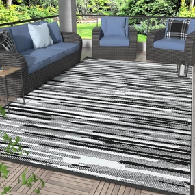 GENIMO Outdoor Rug for Patio Clearance, 8'x10' Waterproof Camping Mat, Reversible Plastic Straw Rugs for RV, Camper, Balcony, Backyard, Picnic, Deck (Black White)