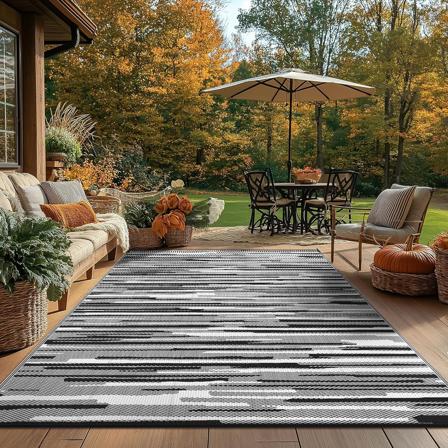 GENIMO Outdoor Rug for Patio Clearance, 8'x10' Waterproof Camping Mat, Reversible Plastic Straw Rugs for RV, Camper, Balcony, Backyard, Picnic, Deck (Black White)