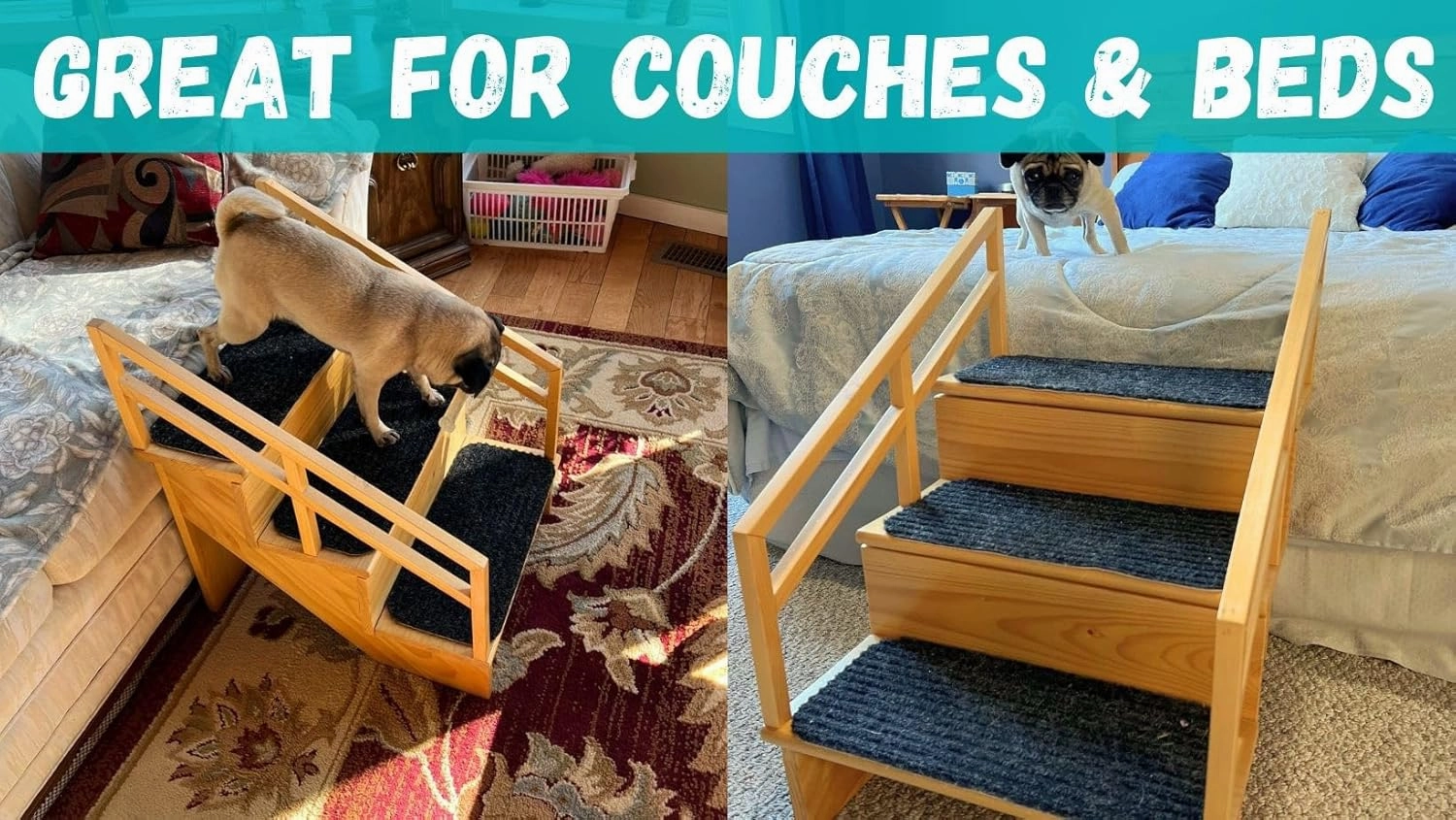 Gentle Rise Pet Steps with Safety Rails | 3 Step Dog Stairs for Couch, Sofa, Bed | Steps with Non-Slip Carpet | Pet Stairs for Small and Big Dogs | 16" High Dog Steps