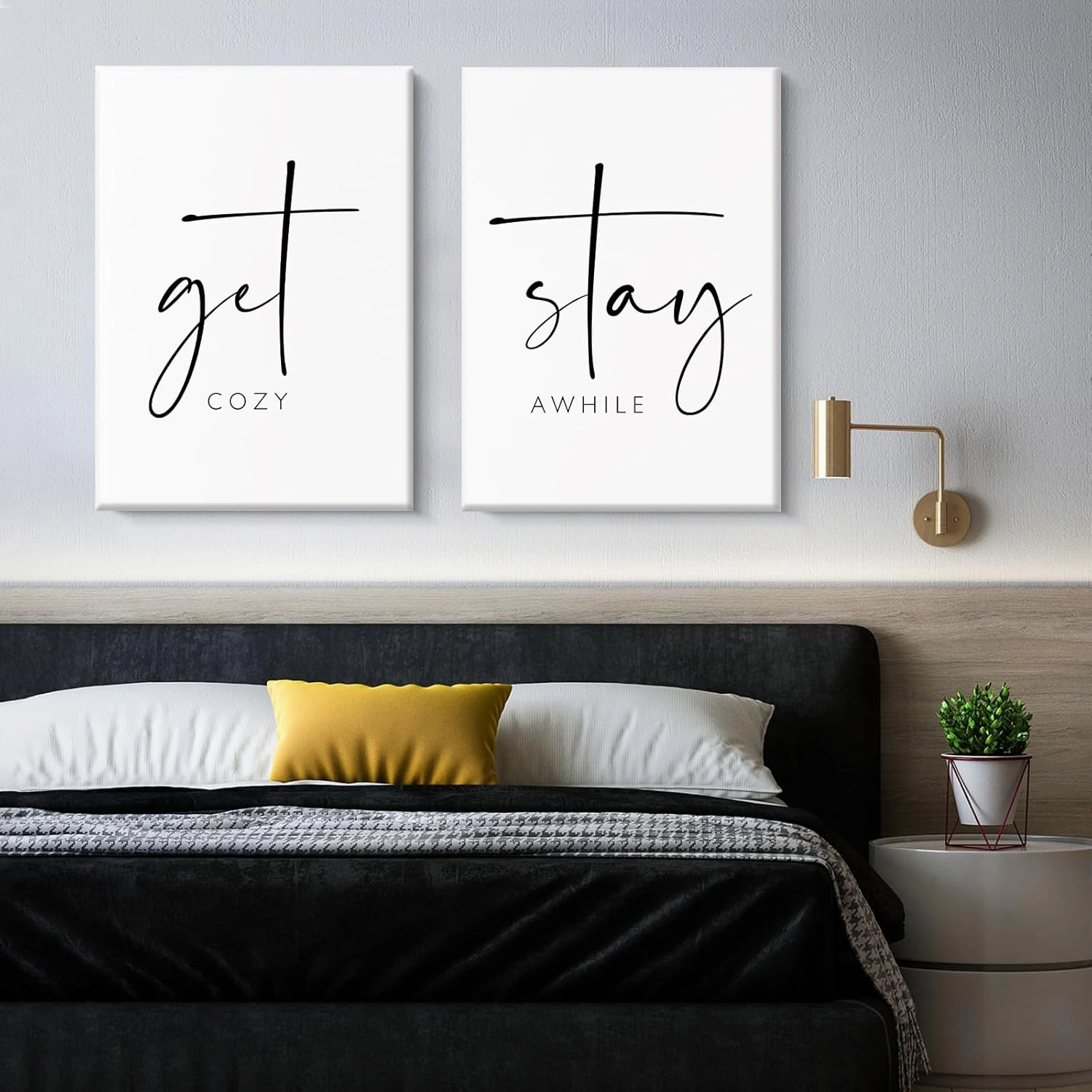 Get Cozy Wall Art Decor Stay Awhile Sign Canvas Above Bed Wall Art Guest Bedroom Decor Lets Stay in Bed Pictures Modern Painting Artwork for Living Room Guest Room 16x24x2 Inch Ready to Hang