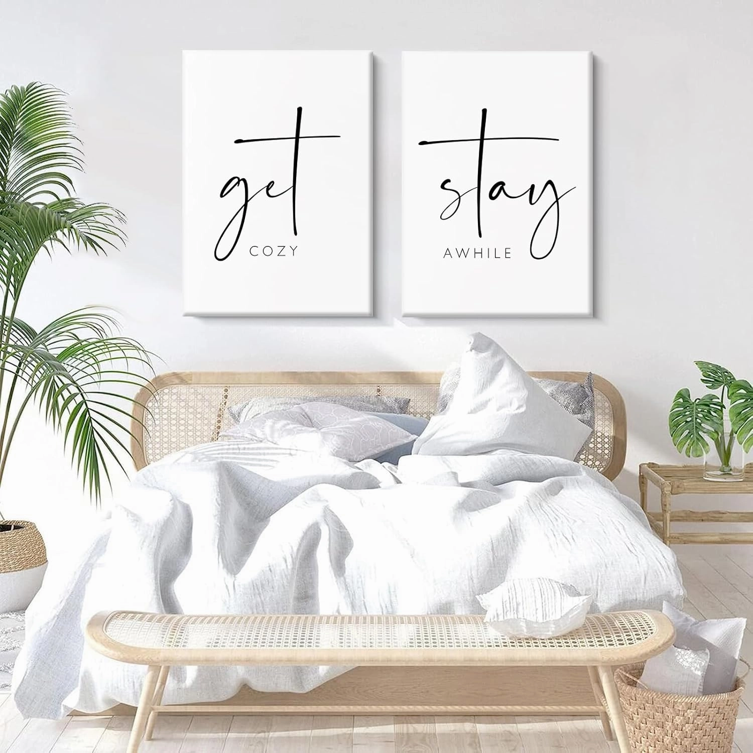 Get Cozy Wall Art Decor Stay Awhile Sign Canvas Above Bed Wall Art Guest Bedroom Decor Lets Stay in Bed Pictures Modern Painting Artwork for Living Room Guest Room 16x24x2 Inch Ready to Hang
