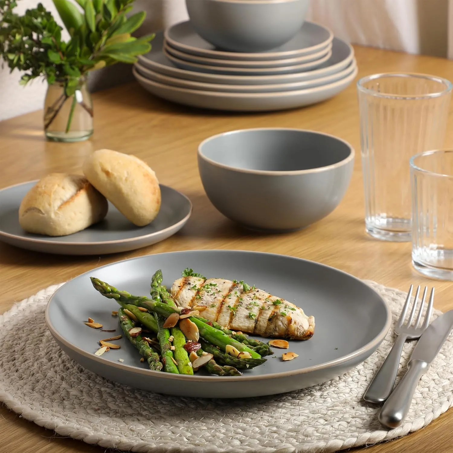 Gibson Home Rockaway 12-Piece Dinnerware Set Service for 4, Grey Matte -