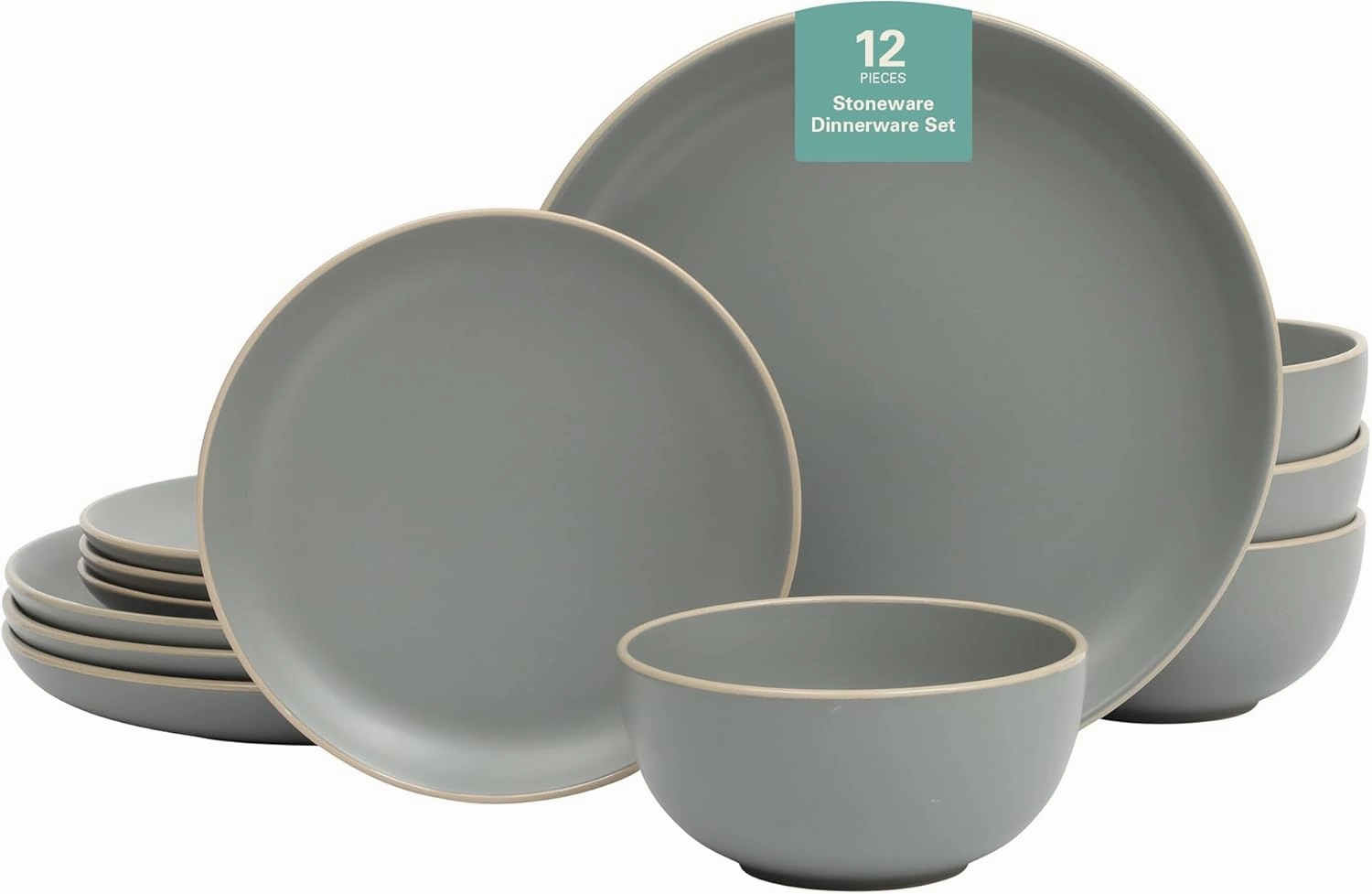 Gibson Home Rockaway 12-Piece Dinnerware Set Service for 4, Grey Matte -