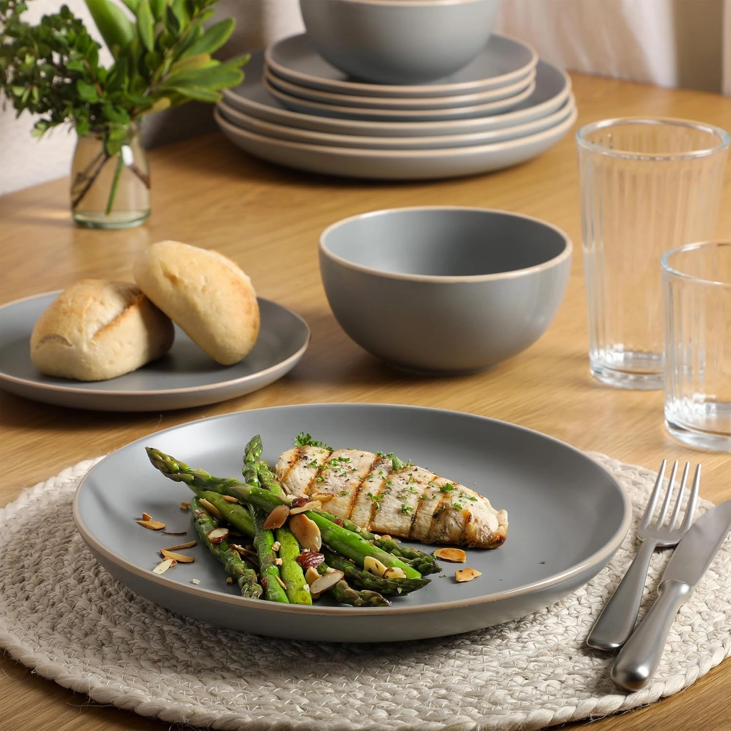 Gibson Home Rockaway 12-Piece Dinnerware Set Service for 4, Grey Matte -