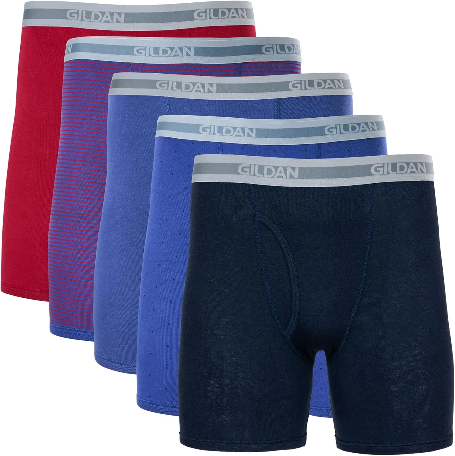 Gildan Men's Underwear Boxer Briefs, Multipack, Cardinal Red/Stripe/Metro Blue/Dot/Navy (5-Pack, Classic Length)