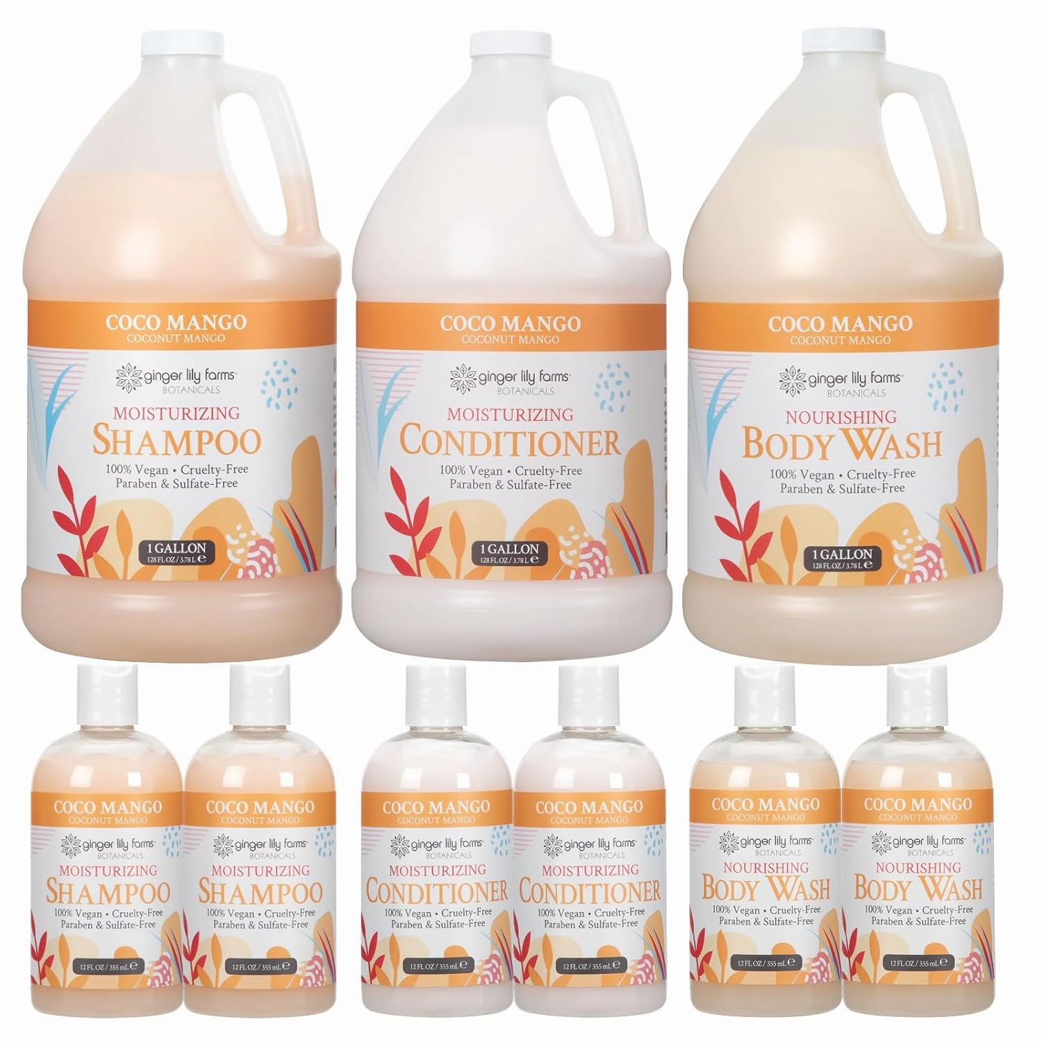 Ginger Lily Farms Botanicals Hospitality Kit, Coco Mango, 9-Pc Set Includes Shampoo, Conditioner & Body Wash, 100% Vegan & Cruelty-Free, Coconut Mango Scent