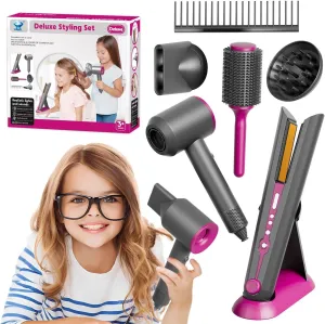 Girls Hair Salon Toys for Girls Beauty Salon Deluxe Styling Set -Kids Hair Dryer Toy, Straightener Hairdryer with Real Function, Interactive Lights & Sounds Fashion Play Set for Children Age 3 