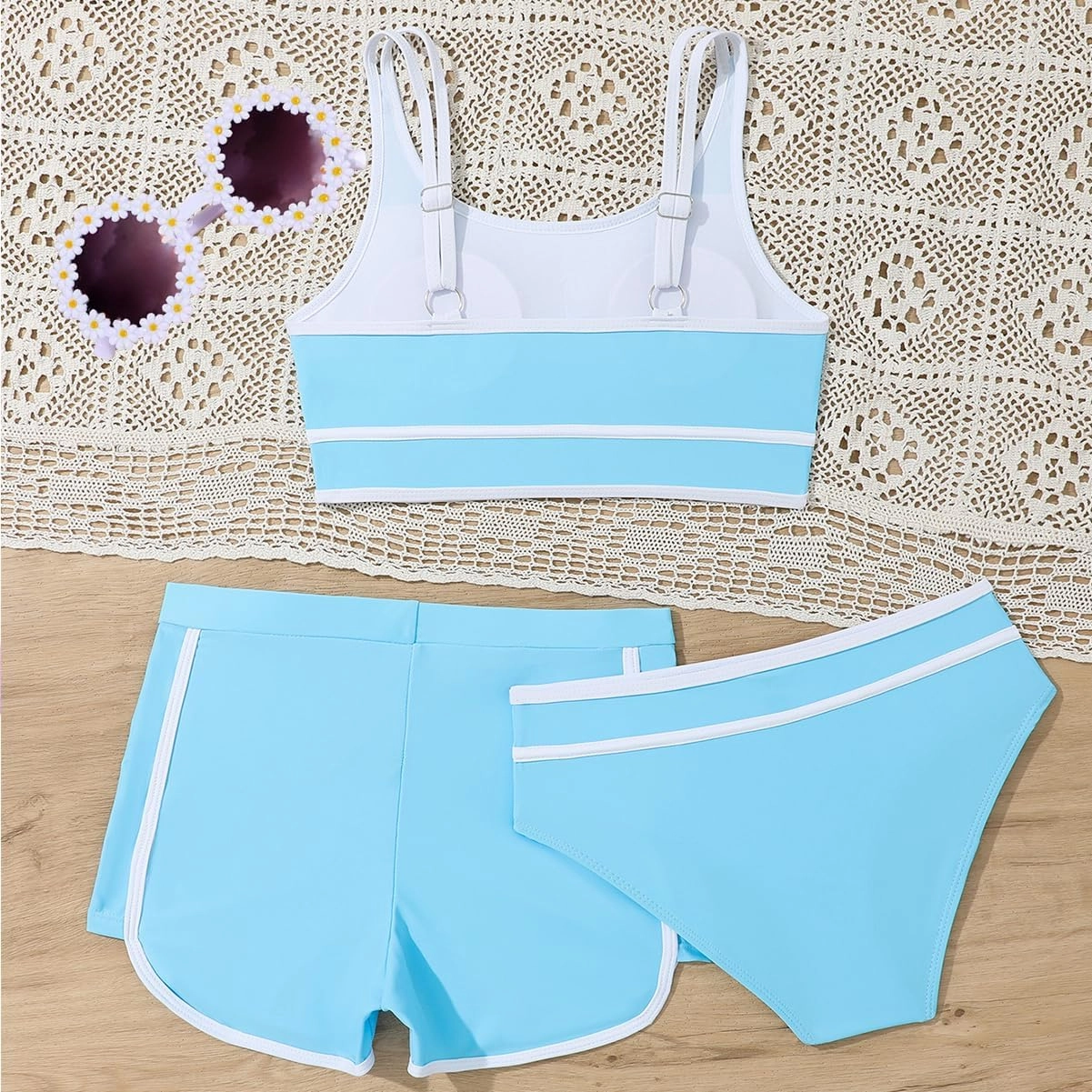 Girls Swimsuits 3 Piece Bathing Suit Bikini Set with Sporty Shorts and Sunglasses Beach Swimwear for Girl 8-15 Years