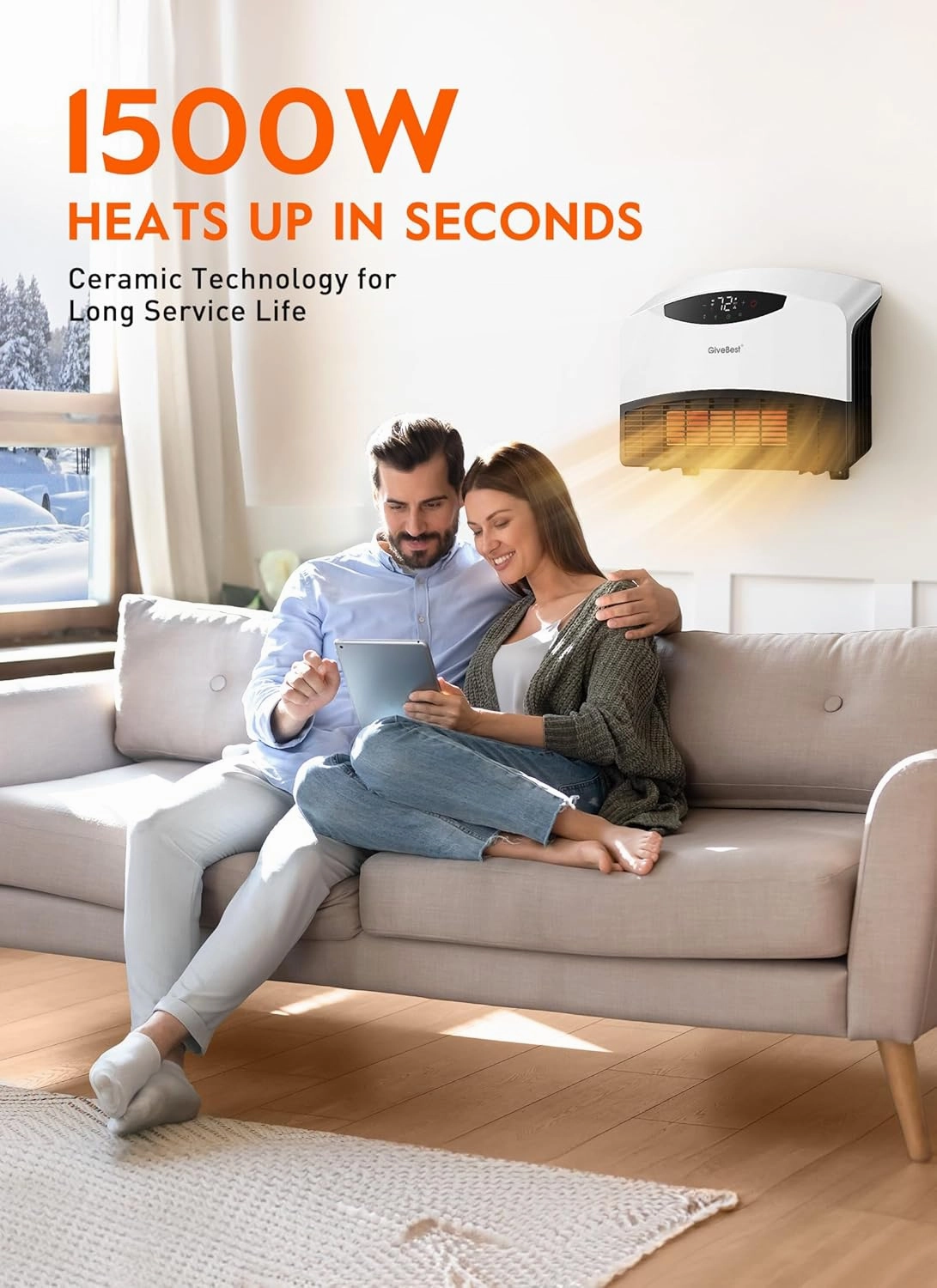 GiveBest Electric Wall Heater with WiFi and Remote Control, Floor or Wall Mounted Heater, Large Room Coverage, 3 Heating Modes, 1500W Fast Heating Space with Thermostat for Indoor Room Use