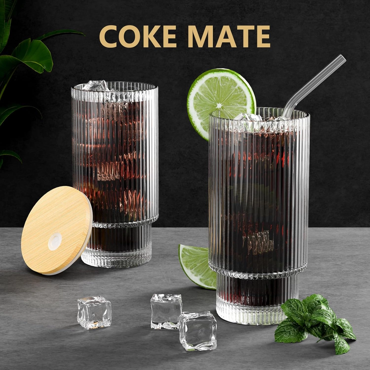 Glass Cups, 16OZ Vintage Glass Coffee Cups with Lids and Straws 8 Set, Vintage Glassware for Whiskey Cocktail Beer, Iced Coffee Cups with Lid, Glass Tumbler with Straw and Lid