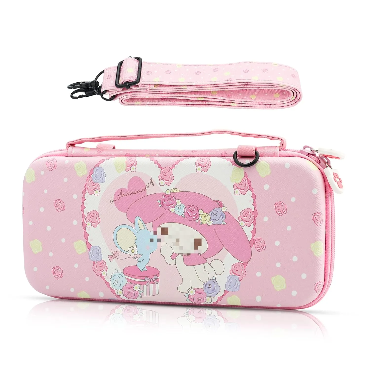 GLDRAM Cute Bunny Carrying Case Compatible for Nintendo Switch & OLED Model, Portable Travel Bag for Switch Console & Accessories, Hardshell Storage Case with Adjustable Shoulder Strap for Girls