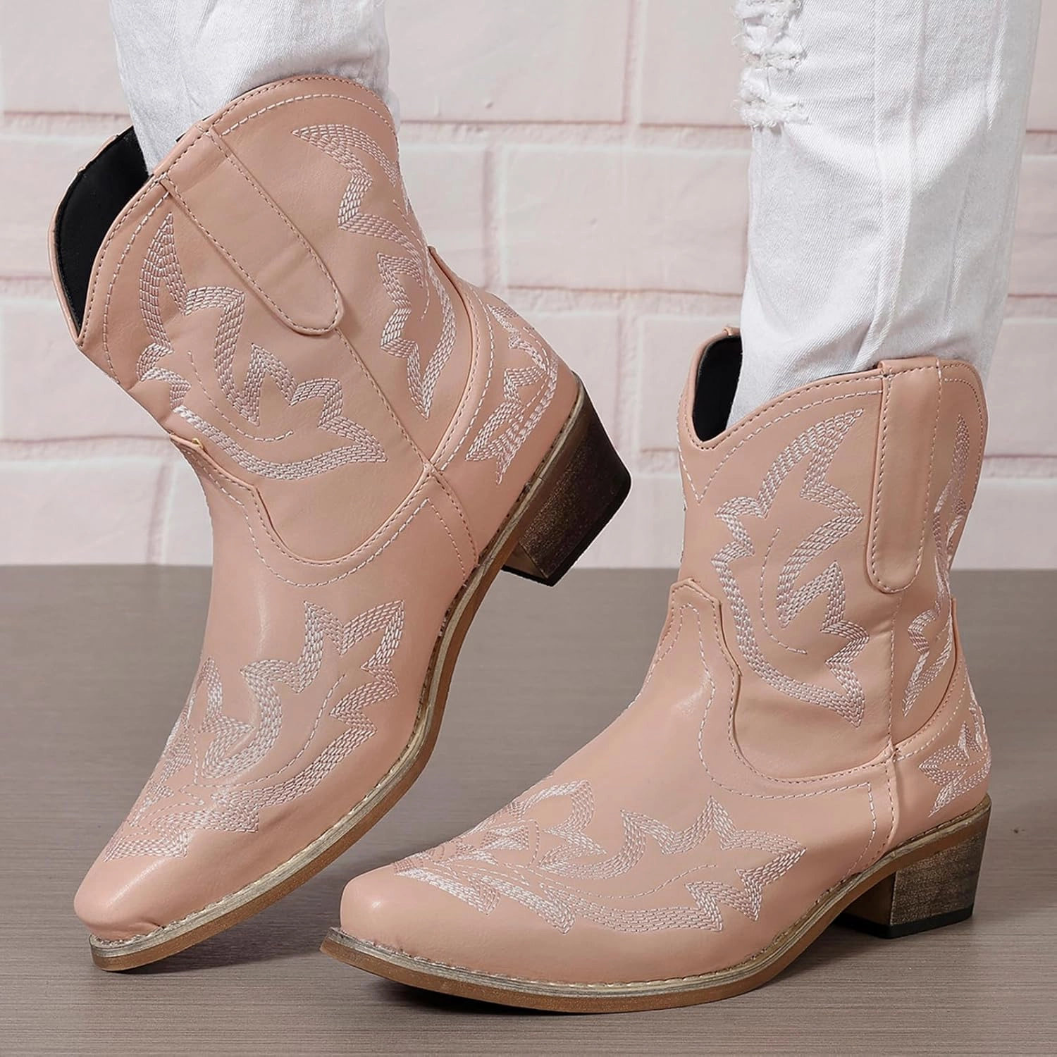 gloryinterest Cowboy Boots for Women Booties Ankle Cowgirl Western Boots Stitched Embroidered Pointed Toe Short Chunky Classic Brown Red Blue US6-10.5