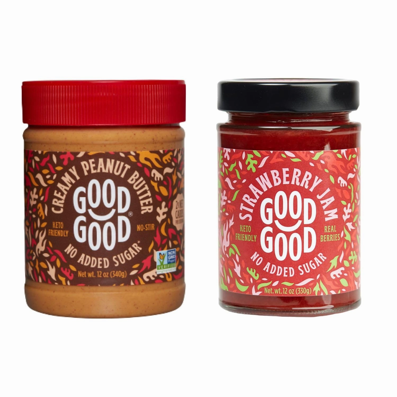 GOOD GOOD Sweet Strawberry Jam & Creamy Peanut Butter - Keto Friendly - Low Carb & No Added Sugars - Vegan - Gluten Free - Preserves