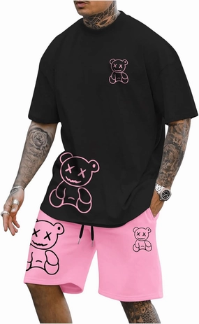 GORGLITTER Men's Shorts Set 2 Piece Outfits Graphic Tee and Drawstring Waist Track Shorts Set Streetwear