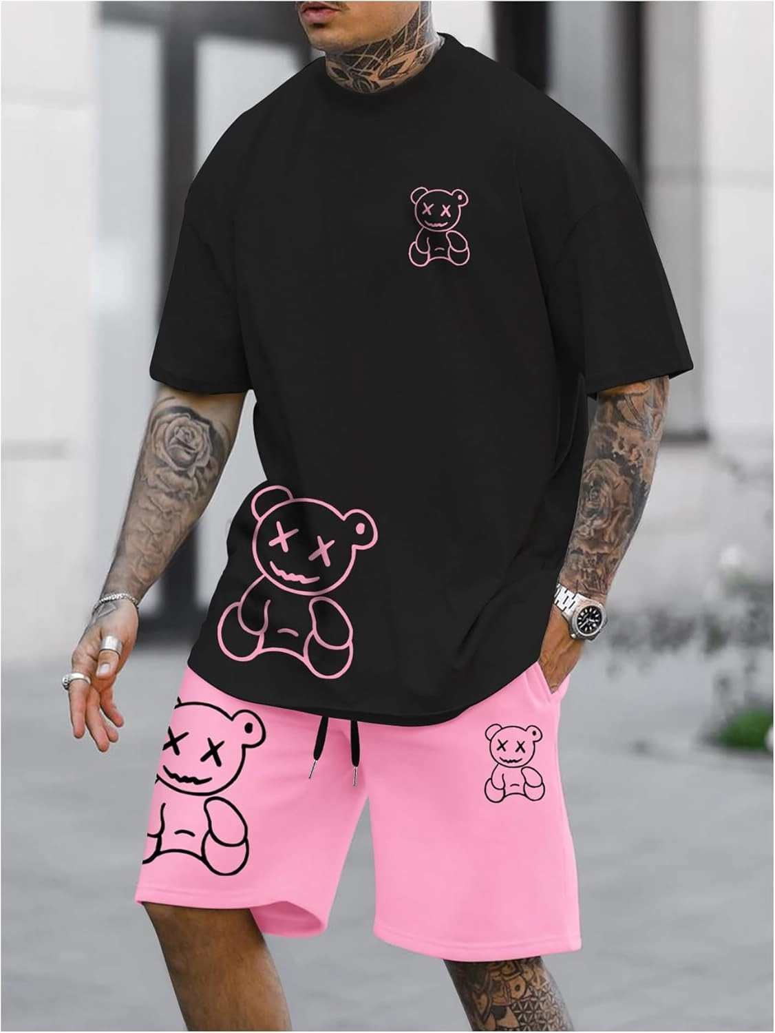 GORGLITTER Men's Shorts Set 2 Piece Outfits Graphic Tee and Drawstring Waist Track Shorts Set Streetwear