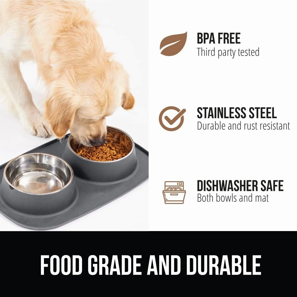 GORILLA GRIP Patent Pending 100% Waterproof BPA Free 3 Cup Cat and Dog Bowls Silicone Feeding Mat Set, Stainless Steel Bowl Slip Resistant Raised Edges, Catch Water, Food, Pet Accessories, Gray