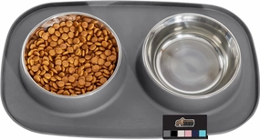 GORILLA GRIP Patent Pending 100% Waterproof BPA Free 3 Cup Cat and Dog Bowls Silicone Feeding Mat Set, Stainless Steel Bowl Slip Resistant Raised Edges, Catch Water, Food, Pet Accessories, Gray