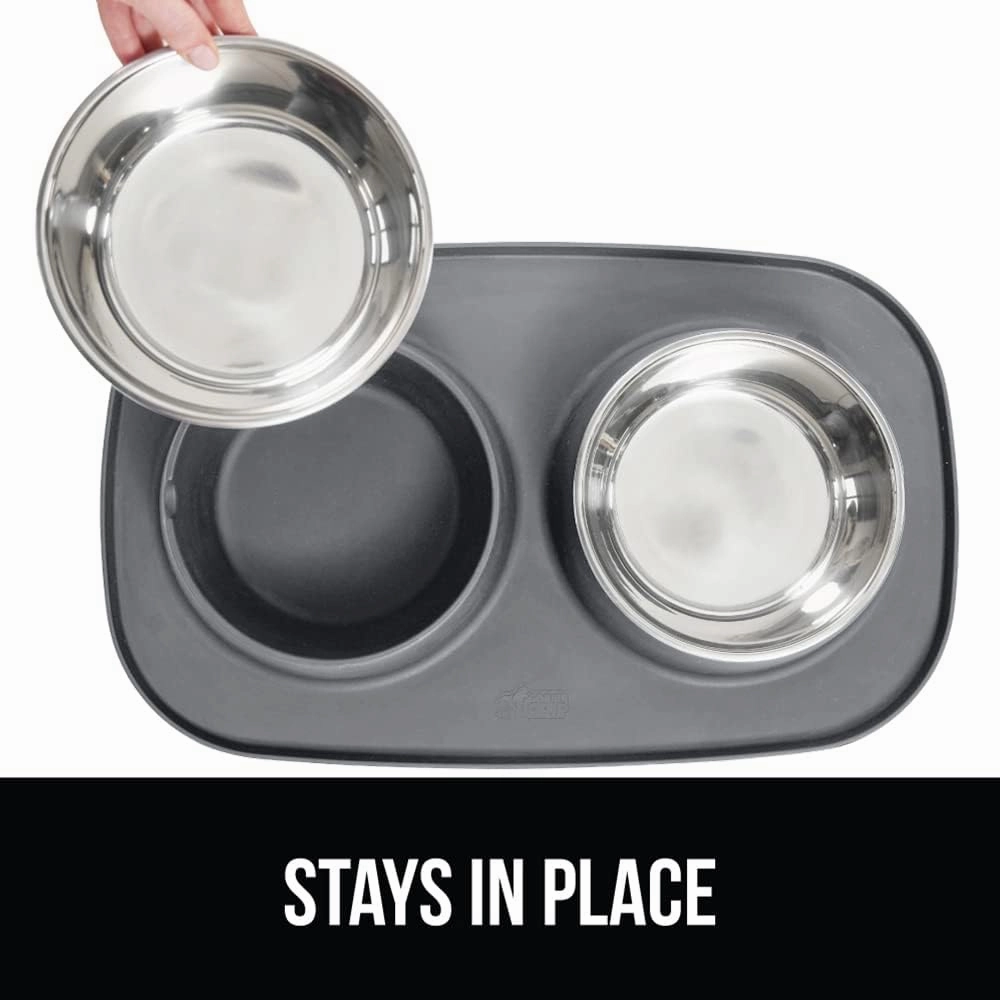 GORILLA GRIP Patent Pending 100% Waterproof BPA Free 3 Cup Cat and Dog Bowls Silicone Feeding Mat Set, Stainless Steel Bowl Slip Resistant Raised Edges, Catch Water, Food, Pet Accessories, Gray