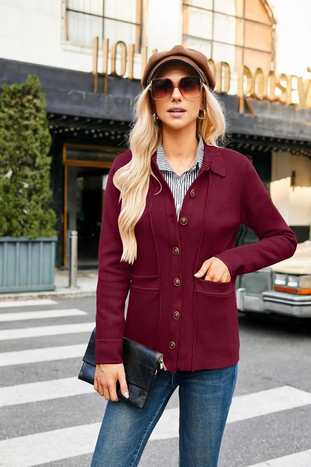 GRACE KARIN Women Casual Cardigan Knit Button Down Shirts Long Sleeve Shacket Jacket with Pockets