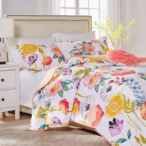 Greenland Home Watercolor Dream 100% Cotton Modern Floral Quilt Set with Decorative Pillows, 5-Piece Full/Queen, White