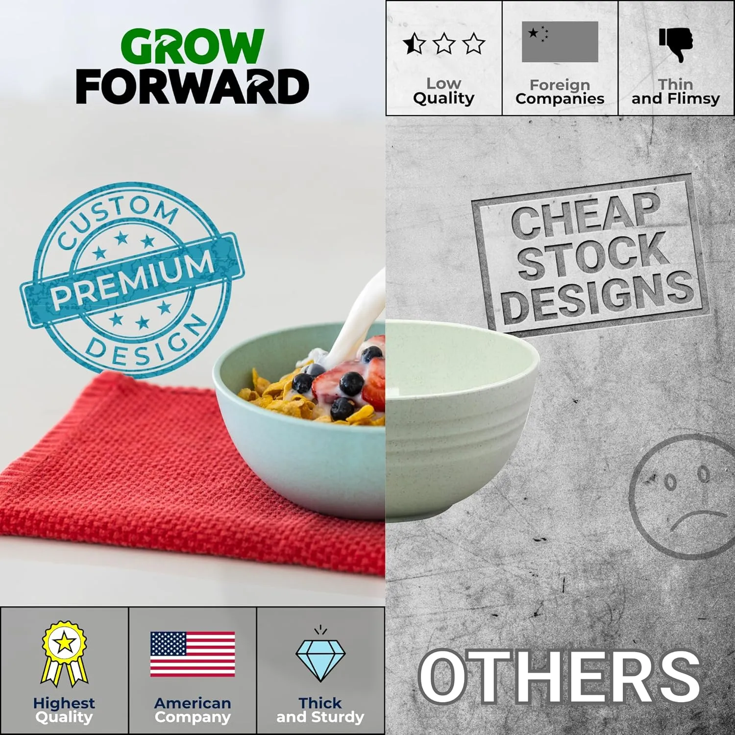 Grow Forward Premium Wheat Straw Bowls - 34oz Microwave Safe Plastic Cereal Bowls Set of 8 for Kitchen, Camping, RV, Dessert, Snack, Soup, Salad, Fruit - Reusable, Unbreakable & BPA Free - Seascape
