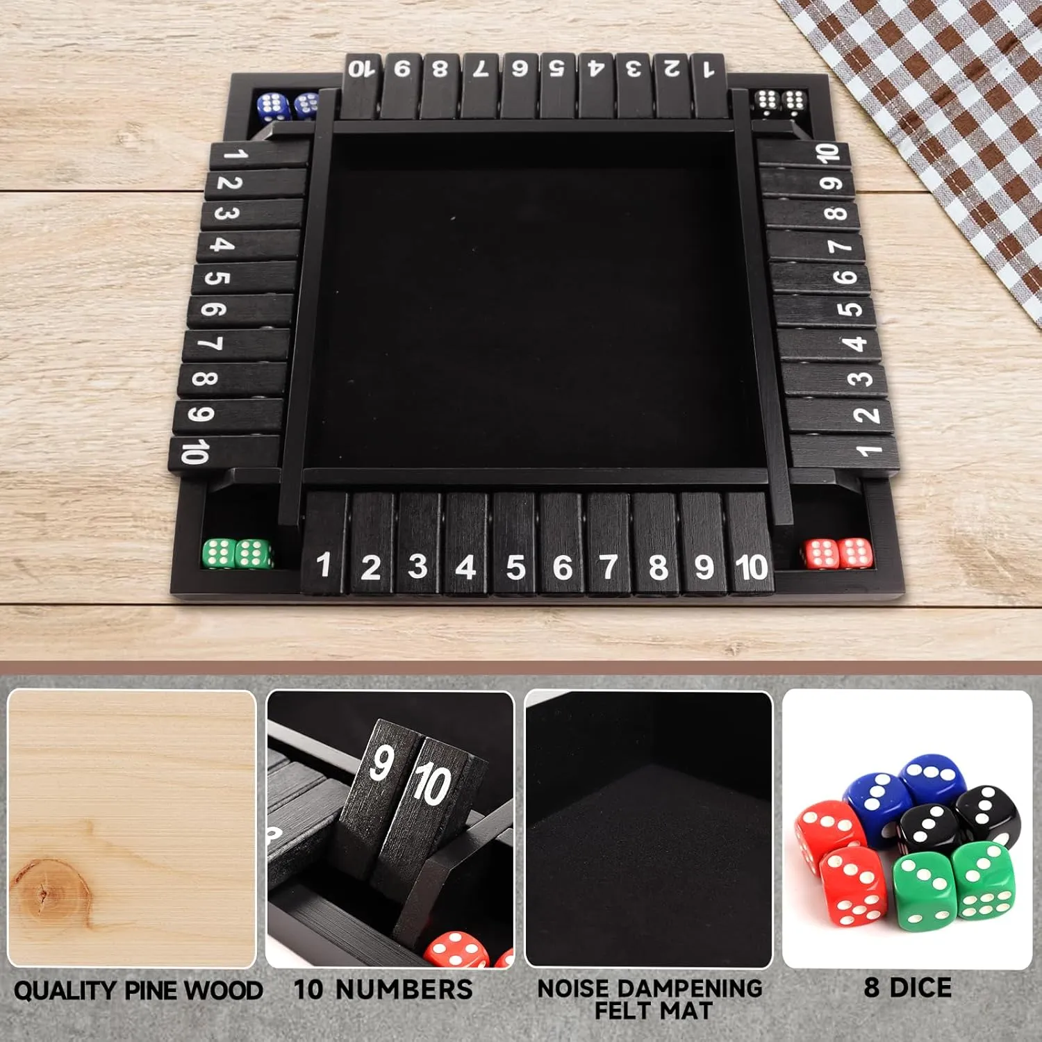 GSE Games & Sports Expert 1-4 Player Wooden Shut The Box Dice Board Game with 8 Dice. 4-Way 10 Numbered Shut The Box Set of Popular English Pub Board Game - Black