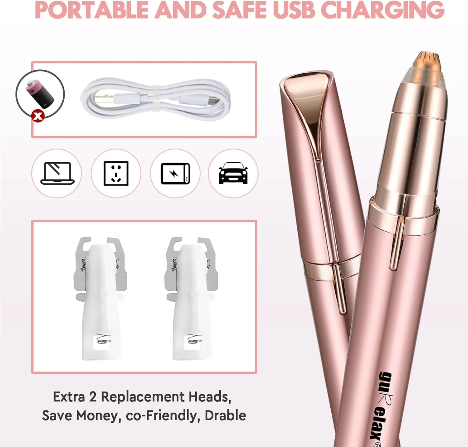 Gurelax Women's Electric Eyebrow Trimmer with Replacement Blades, Precision LED Light, Safe and Instant Painless Hair Remover