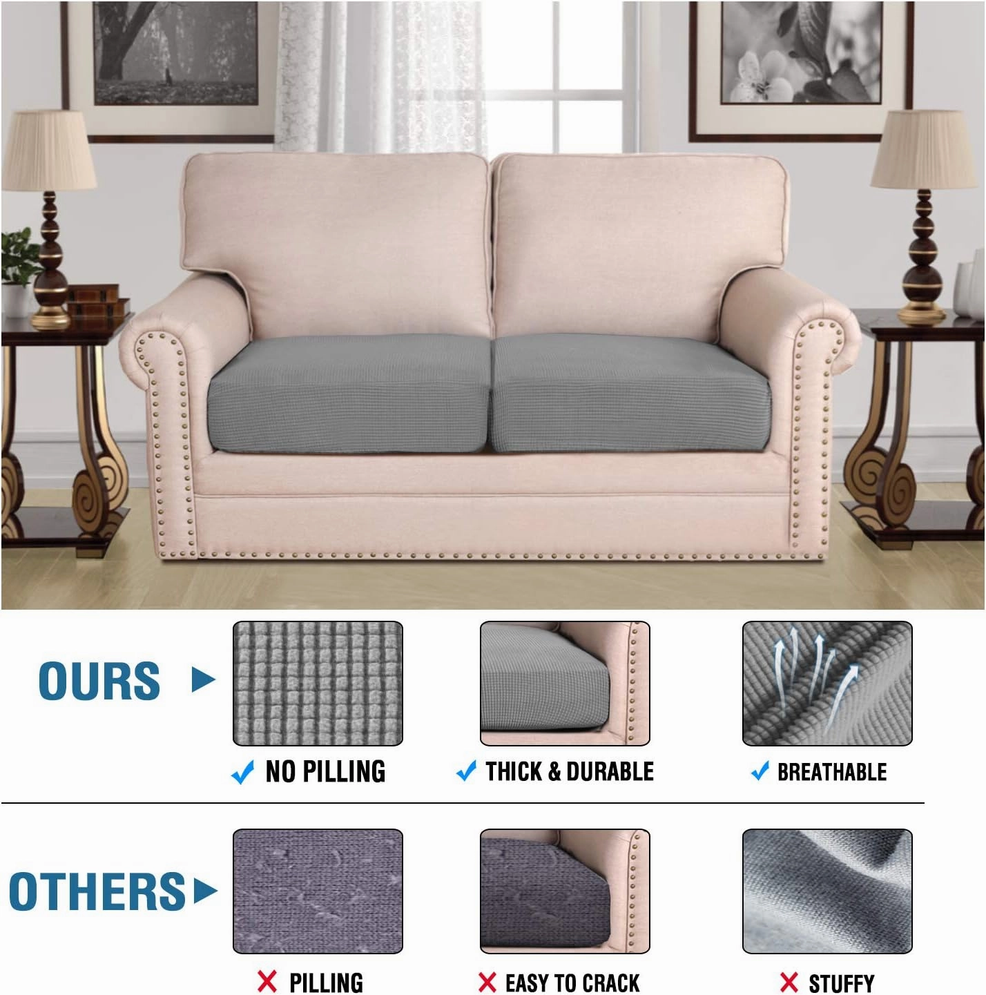 H.VERSAILTEX High Stretch Couch Cushion Covers,Chair Sofa Seat Slipcovers Couch Cushion Cover Stretch Furniture Protector for Kids, Pets(2 Packs Cushion Loveseat Covers, Dove)