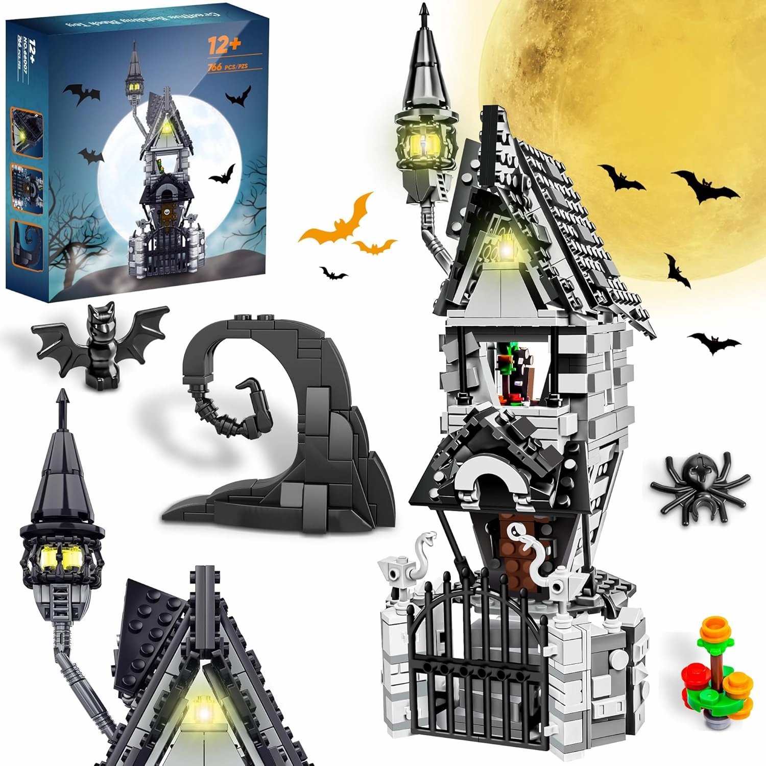 Halloween Haunted Mansion House Building Kit, Before Christmas Building Blocks Set with Glowing Lighting, for Fans and Kids (766pcs)