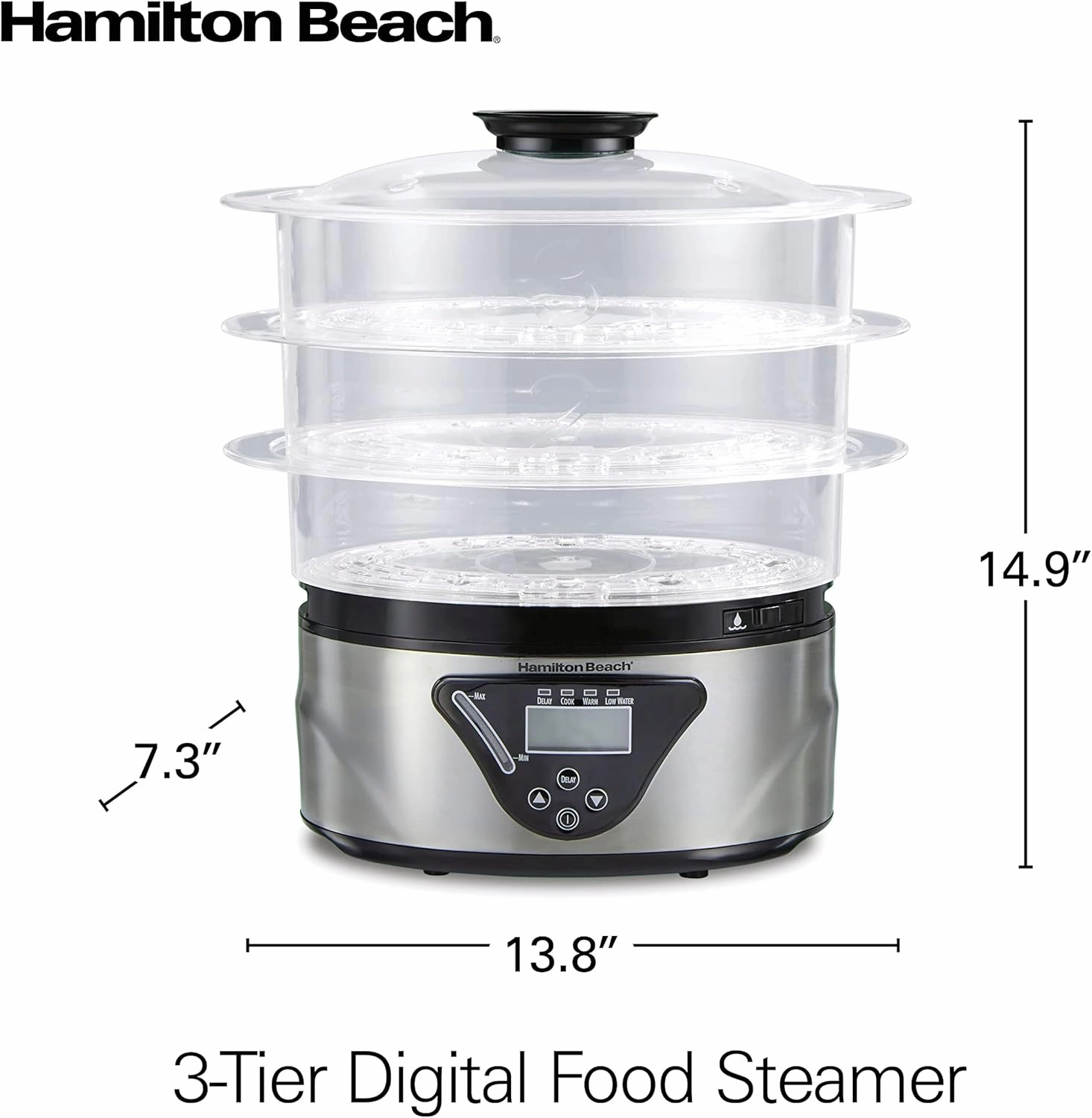 Hamilton Beach Digital Electric Food Steamer & Rice Cooker for Quick, Healthy Cooking with Stackable Three-Tier Bowls for Vegetables and Seafood, 8.25 Quart, Black & Stainless Steel