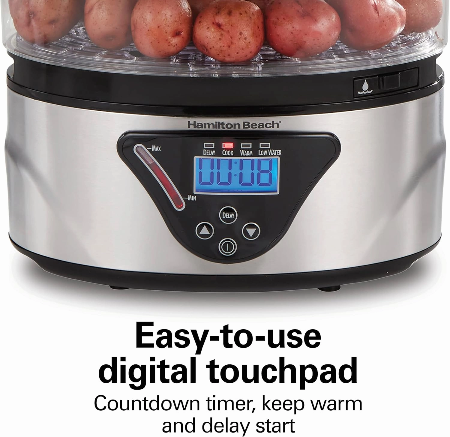 Hamilton Beach Digital Electric Food Steamer & Rice Cooker for Quick, Healthy Cooking with Stackable Three-Tier Bowls for Vegetables and Seafood, 8.25 Quart, Black & Stainless Steel