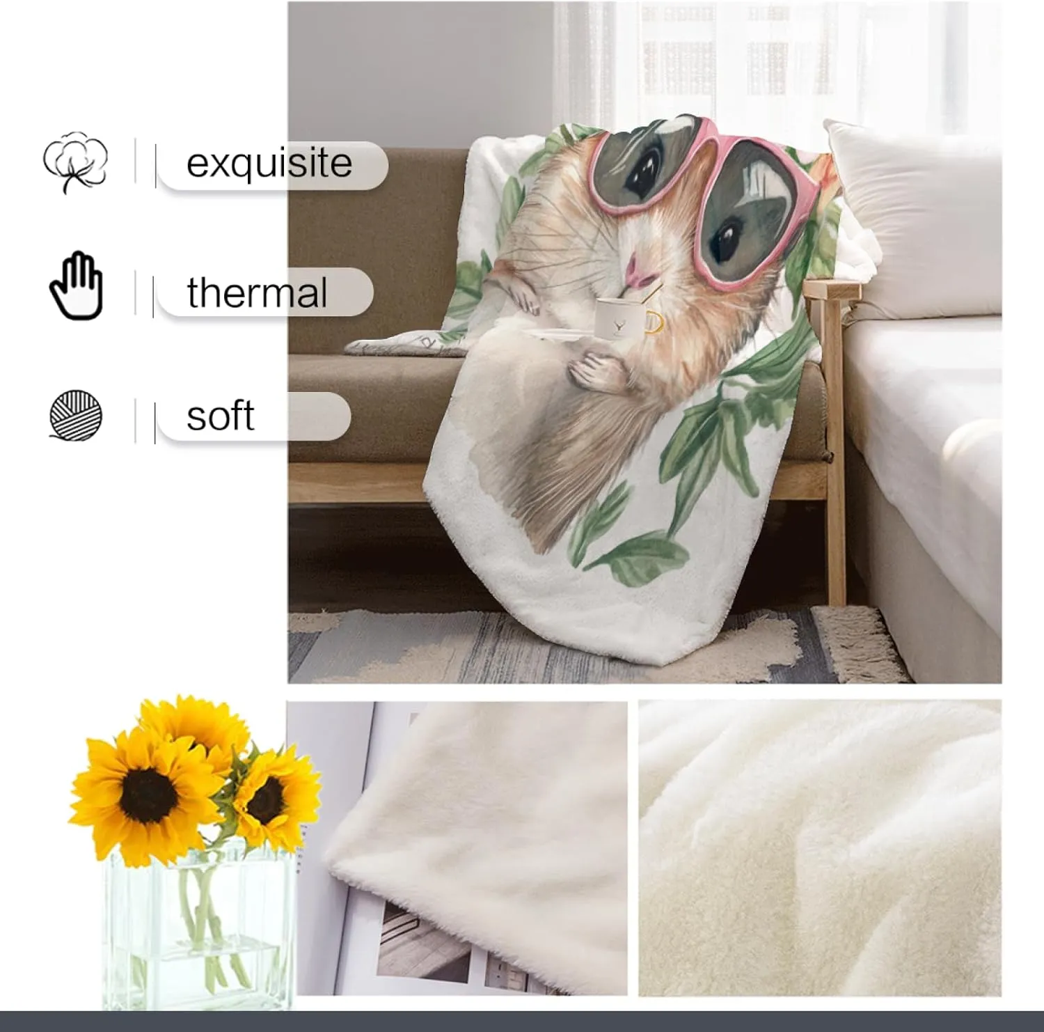 Hamster Floral Throw Blanket, Art Flower Blanket, Cozy Plush Flannel Blanket for Bed Couch Sofa Room Decor and Travel, Women Girls Wife 50x60 Inch